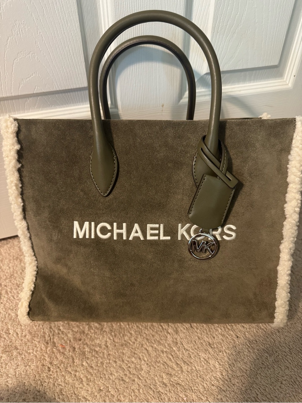 Michael Kors Olive Suede Messenger Tote with Cream Shearling Trim